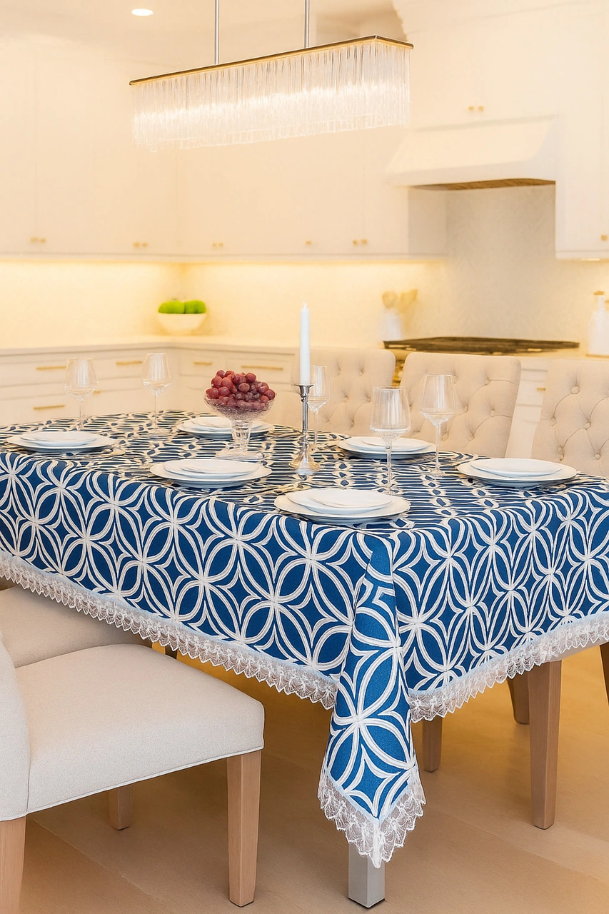 Lüks Lacivert Masa Örtüsü Dantel Kenarlı Silinebilir Kumaş Modeli Çok Renkli
