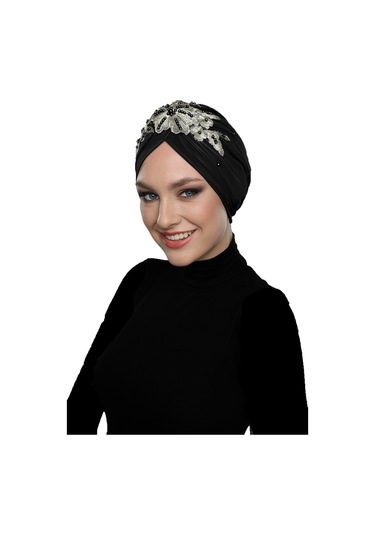 Kopma Astarlı İşlemeli Siyah Sarı Dantel Motifli Hazır Türban Tesettür Abiye Bone Siyah - Sarı
