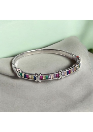 Kırmızı Sanat Evi Renkli Taşlı X Detaylı Zarif Kadın Çelik Kelepçe