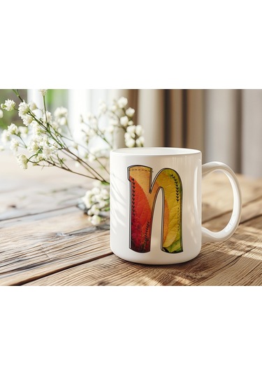 N Harf Yaprak Renkleri İle Kupa Bardak - Kişiye Özel Alfabe Harfli Bardak - Hediye Beyaz