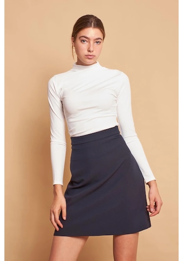 Yüksek Bel Hafif Likralı Kumaş Diz Boy Çan Etek-lacivert Lacivert