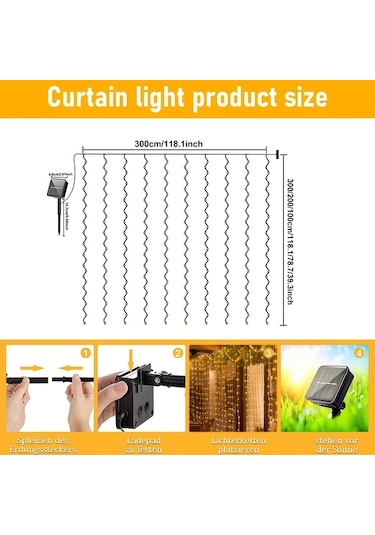 Gateesat 1 Adet 9.8ft Solar Perde Işık 8 Desenli 300 Led Beyaz Bahçe Dekor Beyaz