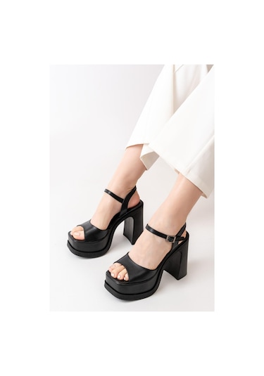 Asmi Shoes Kadın Tek Bantlı 12cm Platformlu Topuklu Ayakkabı Siyah Siyah