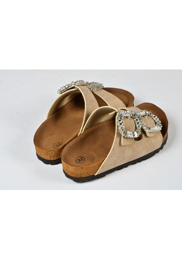Kız Çocuk Mantar Tabanlı Çift Tokalı Ortopedik Birkeen Arizona Taşlı Terlik Bej