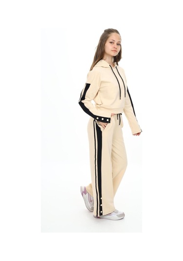 Kız Çocuk %100 Pamuk Kapüşonlu Uzun Kol Oversize Alt&üst Eşofman Takımı-eşt-0020 KREM