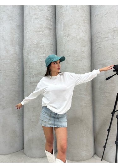 Düz Renk Kadın Sweatshirt Beyaz