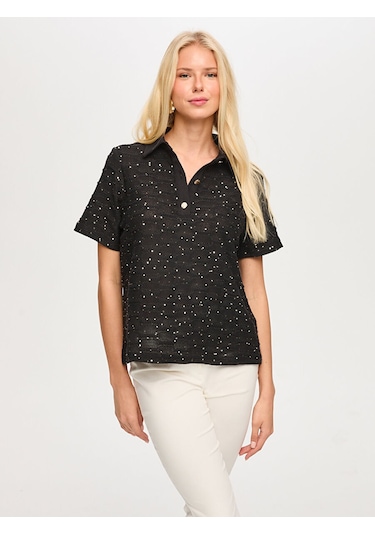 Faik Sönmez Polo Yaka Payetli Örme Bluz S26blz015 Us26blz01510 Siyah