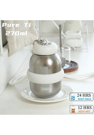 Brightnova Yanis 3 Titanyum Seyahat Kupası 270ml Çapraz Askı Termos Matara Pastel Mor Siyah Bej 07 Beyaz