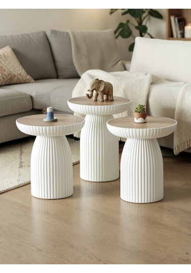 Msy Home Diamond 3'lü Bohem Mantar Zigon Ve Orta Sehpa Yan Sehpa Seti Beyaz-ceviz