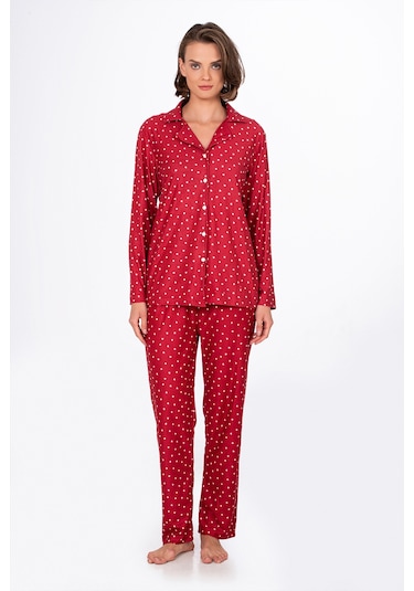 Kadın Süet Önden Düğmeli Pijama Takımı Kalpli Kırmızı Kırmızı - Beyaz