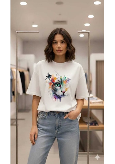 Kedi Baskılı Kuş Detaylı Oversıze T-shirt Beyaz