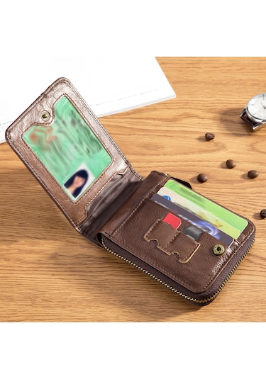 Hangfox Klasik Renkli Deri Cüzdan Erkekler İçin Çoklu Kartlık Ve Para Bölmeli İki Katlı Zipli Organize Edici Kahverengi