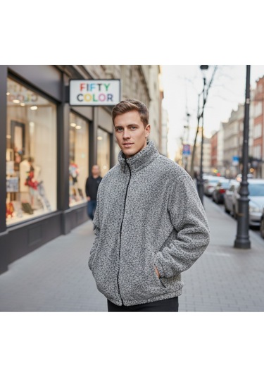 Gri Premium Kalite Dik Yaka, Fermuarlı, Polarlı, Peluş Ceket Gri