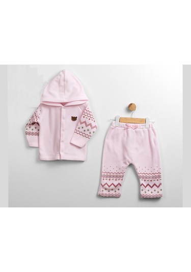 Desenli Kapüşonlu Çıtçıtlı Welsoft İkili Alt Üst Takım Pembe