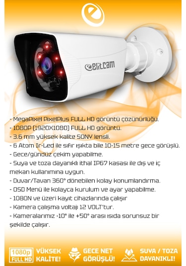Elitcam 2 Kameralı Kare 2 Dış Kamera Set 320 GB HDD Full HD Gece Görüşlü Güvenlik Kamerası Sistemi