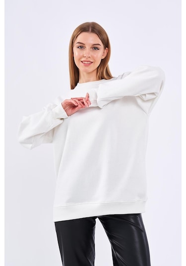 Comeor Ekru Kadın Pamuklu Oversize Basic Bisiklet Yaka Sweatshirt 001