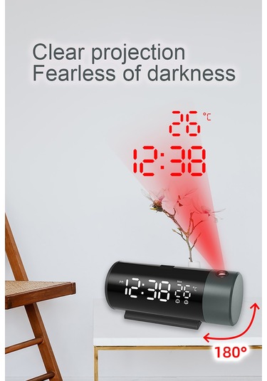 Tenfowee Fj1006a Siyah Led Projeksiyon Alarm Saati: Usb Şarj, 4 Seviye Parlaklık, Snooze, Sıcaklık Göstergesi Ve 180 Döner Projeksiyon
