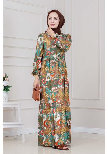 Beli Tünelli Çiçekli Viscon Elbise-kahverengi-5316 Kahverengi