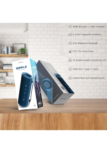 HiFuture Ripple BT5.3 IPX7 30W TWS Su Geçirmez Stereo Hoparlör Mavi