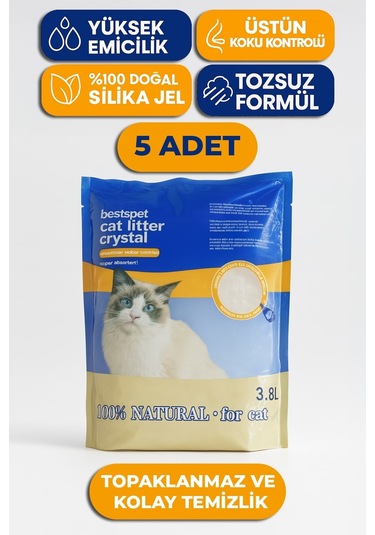 Bestspet Silika Tozsuz Kokusuz Naturel Parfümsüz Topaklaşmayan Kalın Kristal Kedi Kumu 5 x 3800 ML