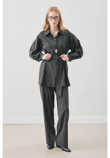 Geniş Kol Kemerli Gömlek Antrasit Antrasit