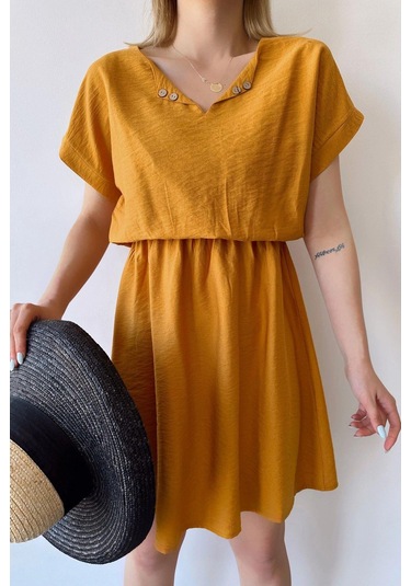 Kadın Hardal Kısa Kol, Kalp Yaka, Dokulu Desen, Bele Oturan, Aerobin Lastikli Bel Midi Elbise Hardal