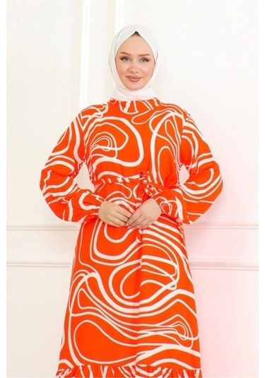 Çizgi Desenli Viskon Elbise - Turuncu Turuncu