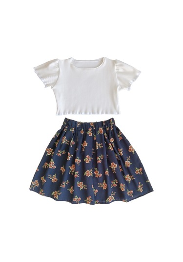 Çocuk Etekli Crop Takım, Çiçekli Lacivert Etek - Ekru Crop Ekru-lacivert Ekru - Lacivert