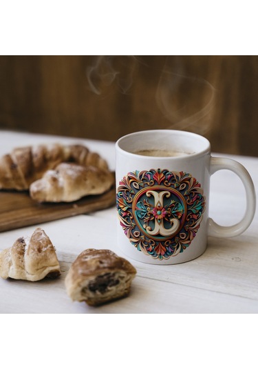 L Harfi Boho Bardak, Renkli Özel Tasarım Hediyelik Harfli Kupa, 330ml Porselen Beyaz