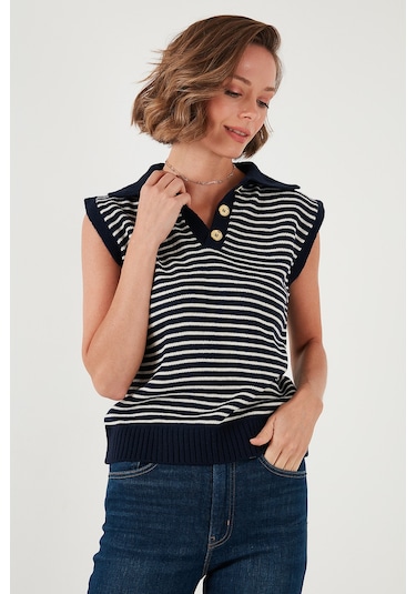 Lela Çizgili V Yaka Triko Bayan Süveter 4616171 Lacivert-Krem