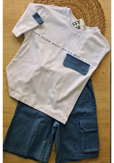 2'li Erkek Çocuk Beyaz Tişört Mavi Şortlu Takım-1364 Beyaz