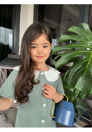 Kız Çocuk Kaşkorse Fittili Önden Düğmeli Yaka Dantel Kapri Taytlı Takım Yeşil