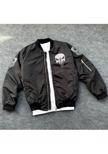 Mbb E-ticaret Erkek Siyah Askeri Tarz Bomber Mont Punisher Skull Detaylı Fermuarlı Cepli - Siyah