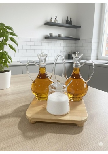 Morponi 3'lü Cam Yağlık Ve Tuzluk Seti Bambu Altlıklı Şık Sunum Glorry Set Beyaz