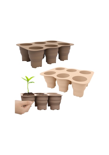 6 Delikli Fidanlık Kutusu Küçük Sebze Çiçek Bitki Nefes Alabilir Büyüyen Tepsi Silikon Katlanır Kreş Tencere Kahverengi