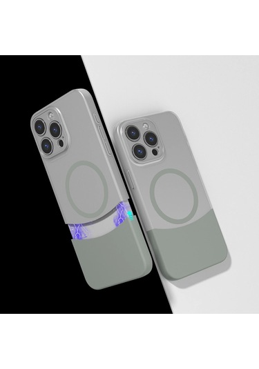 İphone Uyumlu 15 Pro Kılıf Magsafe Şarj Kartlıklı Mıknatıslı Duble 1.7mm Kapak Kart Bölmeli Lacivert