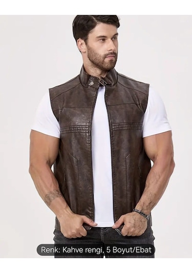 Uzun Hakim Yaka Regular Fit Hakiki Deri Yelek Kahverengi
