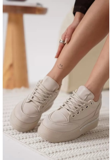 Trendella Kadın Bej Gizli Topuklu Sneaker Tr04ms01c Beyaz