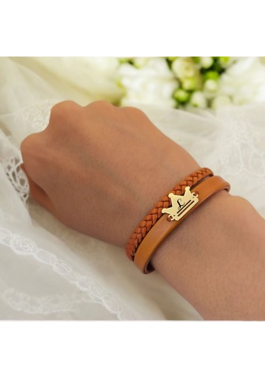 Archin L Harfine Özel 14 Ayar Altın Plakalı Kahverengi Derili Taç Motifli Hediye Bileklik-467harf L