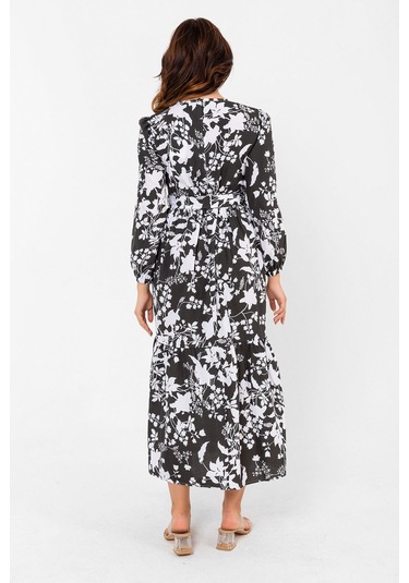 Yaprak Desenli Renkli Pamuklu Yazlık Baharlık Kuşaklı Elbise 2101 Siyah