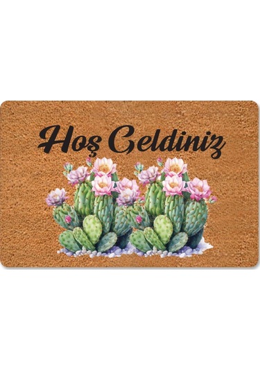 Renkli Kaktüsler Temalı Coco Görünümlü Dekoratif Kapı Önü Ve Iç Mekan Paspası Yıkanabilir Nem Alıcı Bej