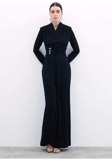 Sateen Fiyonk Aksesuarlı Krep Tulum - Siyah-135848 Siyah