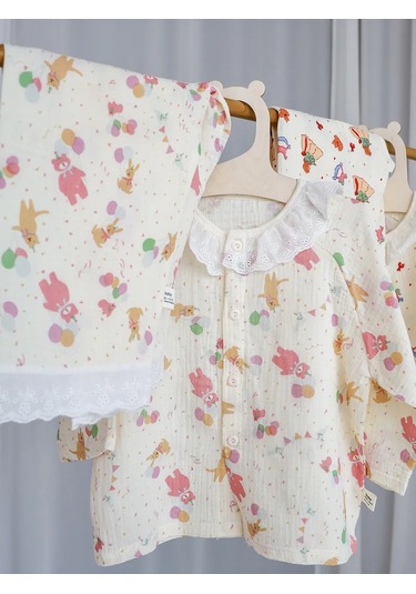 Desenli Çocuk Müslin Pijaması Ayıcıklar 389116453 Bej