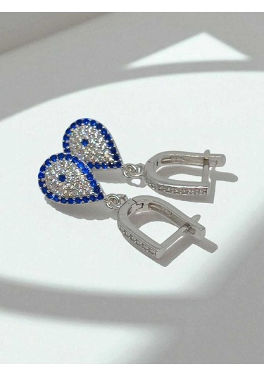 925 Ayar Gümüş Damla Şekilli Nazar Boncuğu Desenli Taşlı Küpe Zarif Ve Anlamlı Tasarım Gümüş