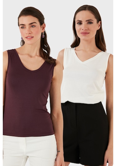 Lela Slim Fit V Yaka Kalın Askılı 2' Li Paket Bayan Bluz 5864384S2 Ekru-Vişne