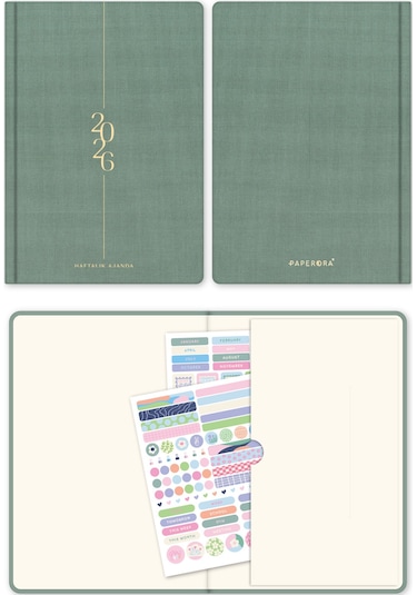 2026 A5 Keten Haftalık Ajanda 12 Aylık Yeşil Yeşil