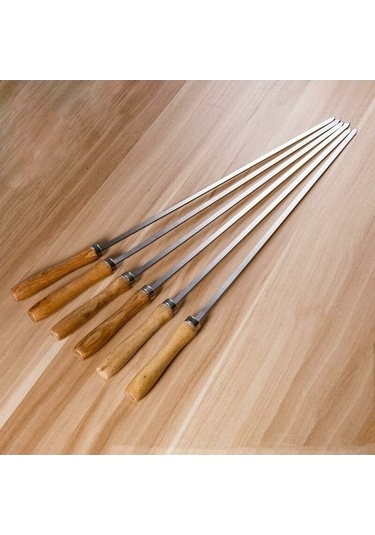 Pazly Barbekü İçin Ahşap Saplı Paslanmaz Çelik Şiş 42cm 6'lı Paket