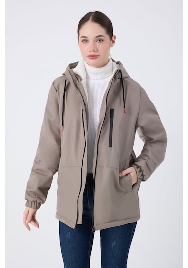 Kadın Vizon İçi Kürklü Su Ve Rüzgar Geçirmez Kapüşonlu Kışlık Mont & Kaban & Parka Vizon