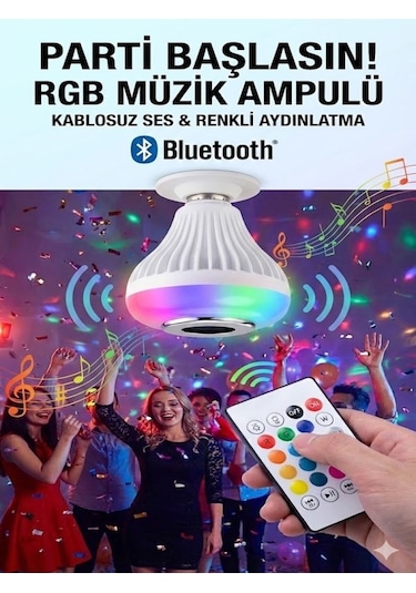 Bluetooth Rgb Led Hoparlörlü Akıllı Ampul - Renkli Müzikli Lamba Ve Kumanda