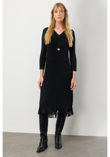 Ekol Kadın Kelebek Broşlu Püsküllü Elbise 4919 Siyah Siyah